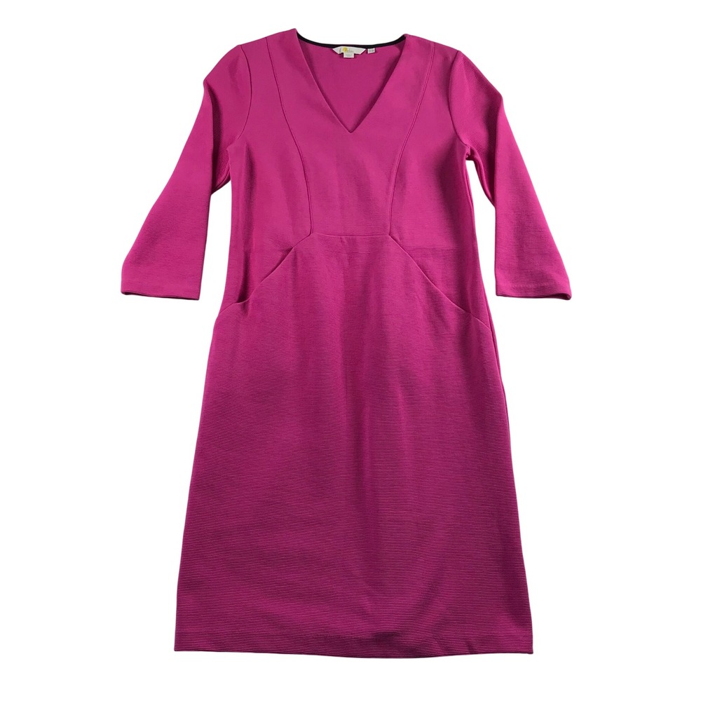 Boden Pink Ottoman Ribbed V-Neck Shift Dress 3/4 Sleeve Pockets Size US 8L J0235